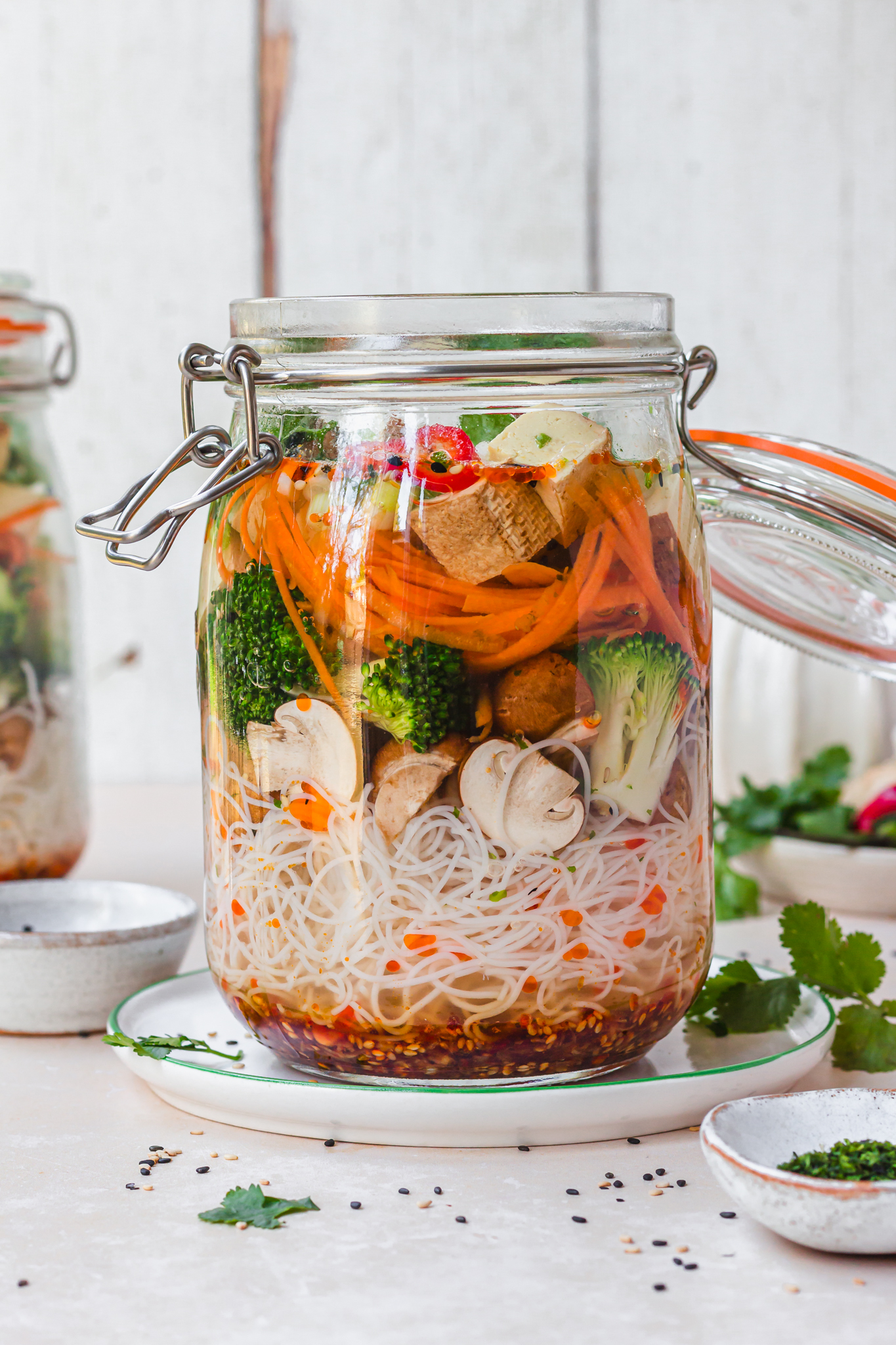 A Homemade Instant Noodle Tofu Jar filled with hot water