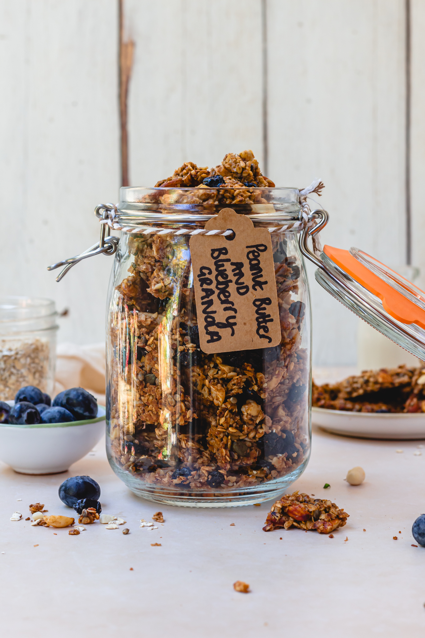 A jar of Peanut Butter Blueberry Granola