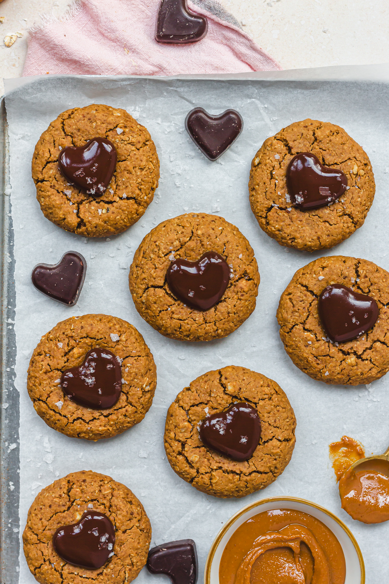 Close up of some Peanut Butter Chocolate Heart Cookies