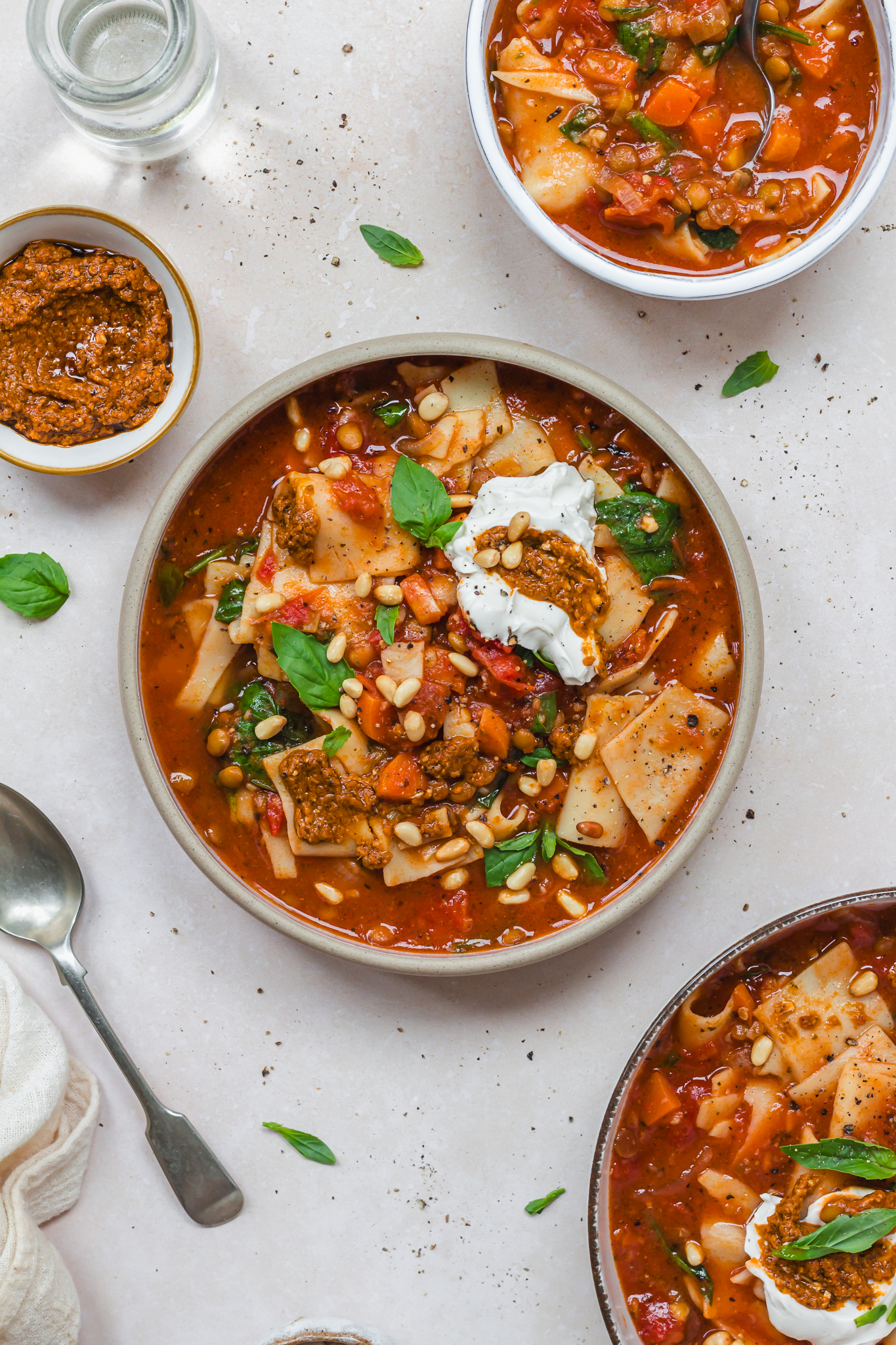 A few bowls of Vegan Tomato Pesto Lasagne Soup