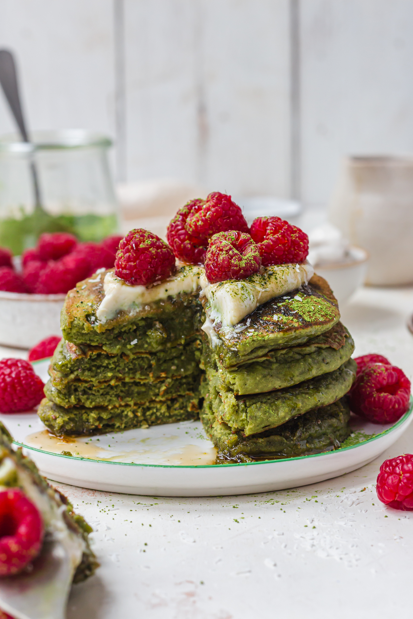 A stack of Matcha Protein Pancakes