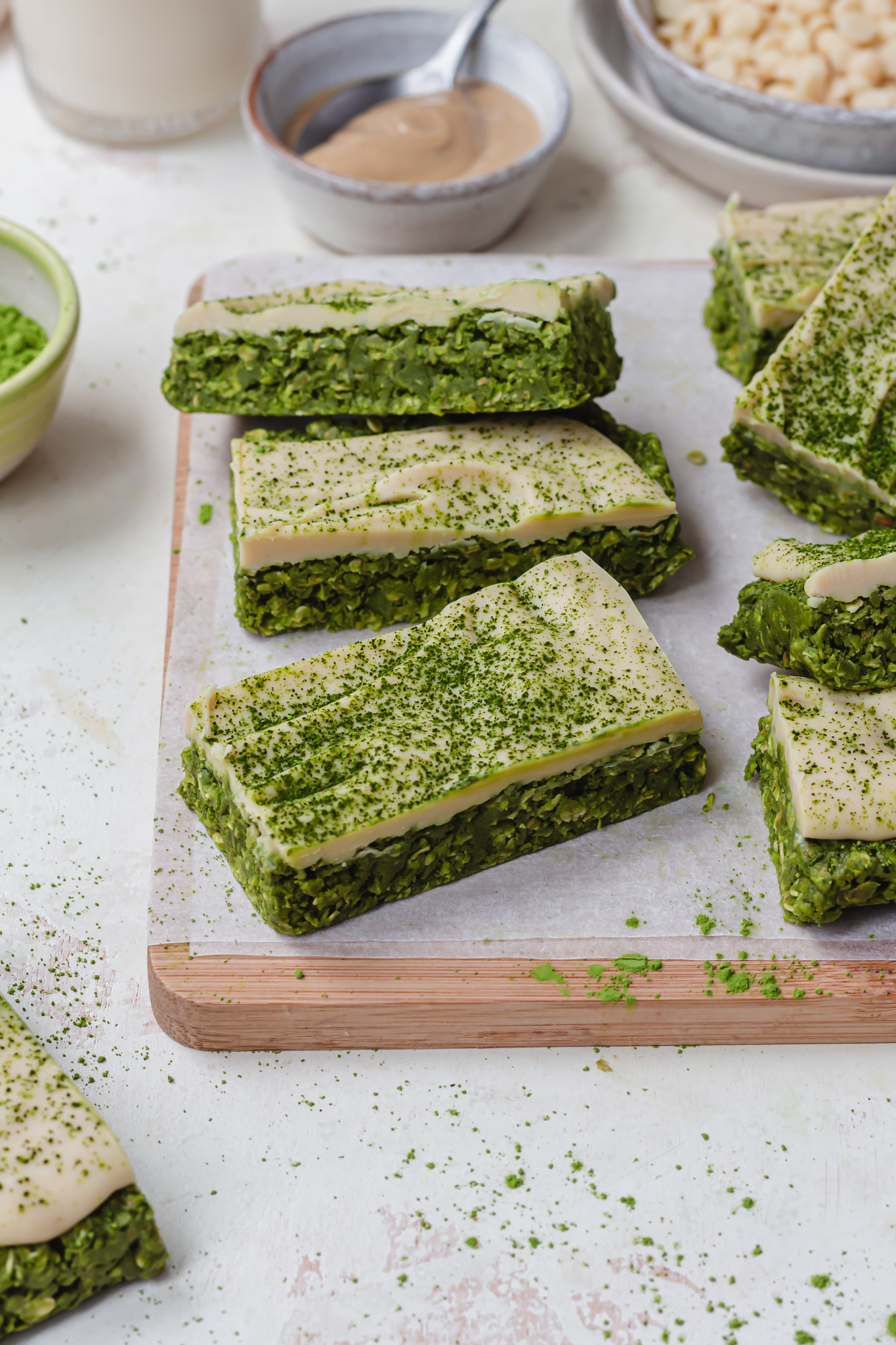 A few Matcha White Chocolate Protein Oat Bars