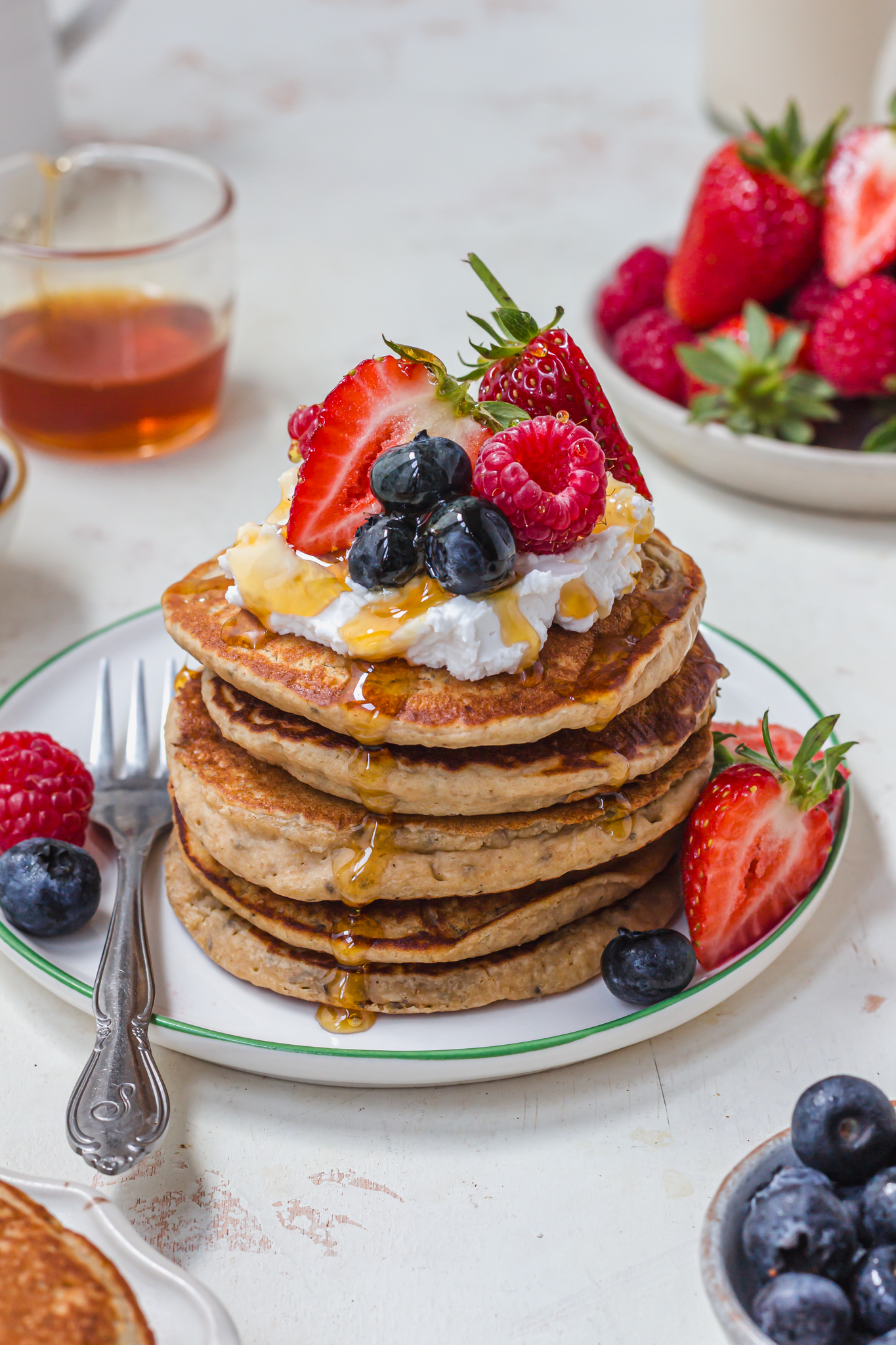 Simple Vegan Vanilla Protein Pancakes with berries