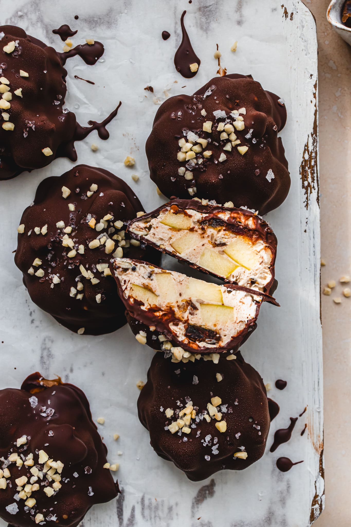 Chocolate Date Caramel Apple FroYo Bites on a board