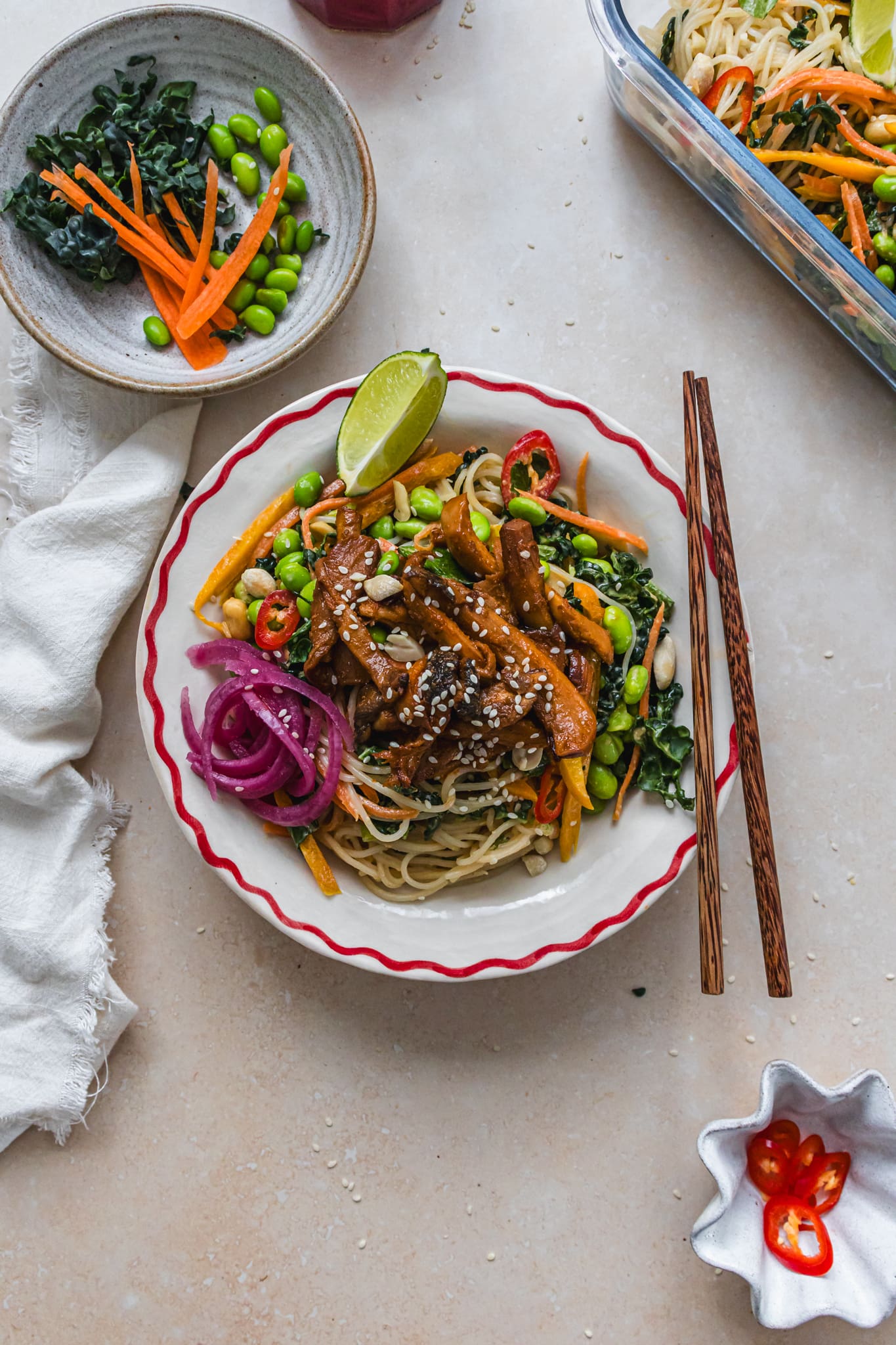 A bowl of Miso Oyster Mushroom Noodle Salad