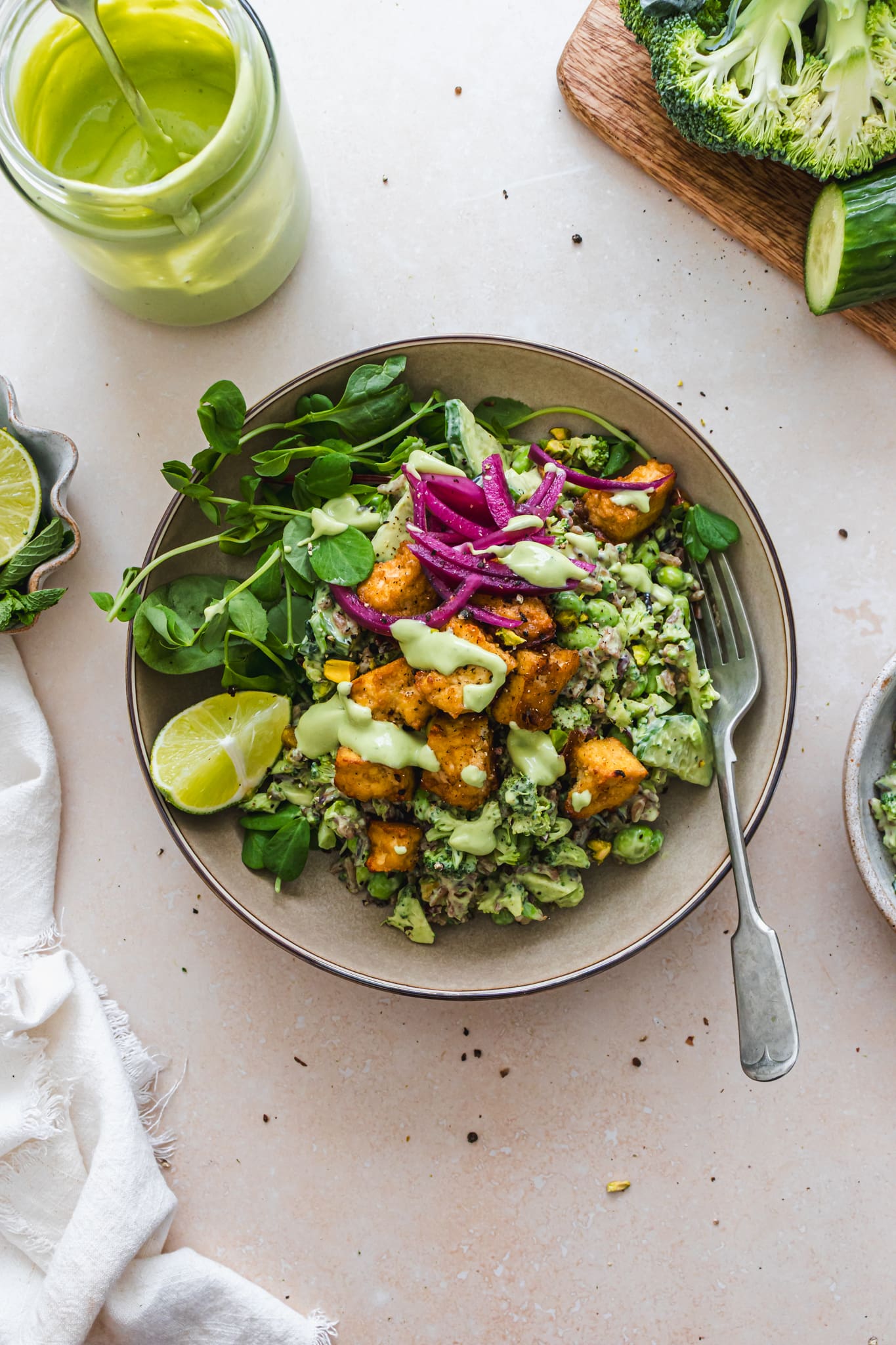 A Green Goddess Rice Bowl with Crispy Tofu