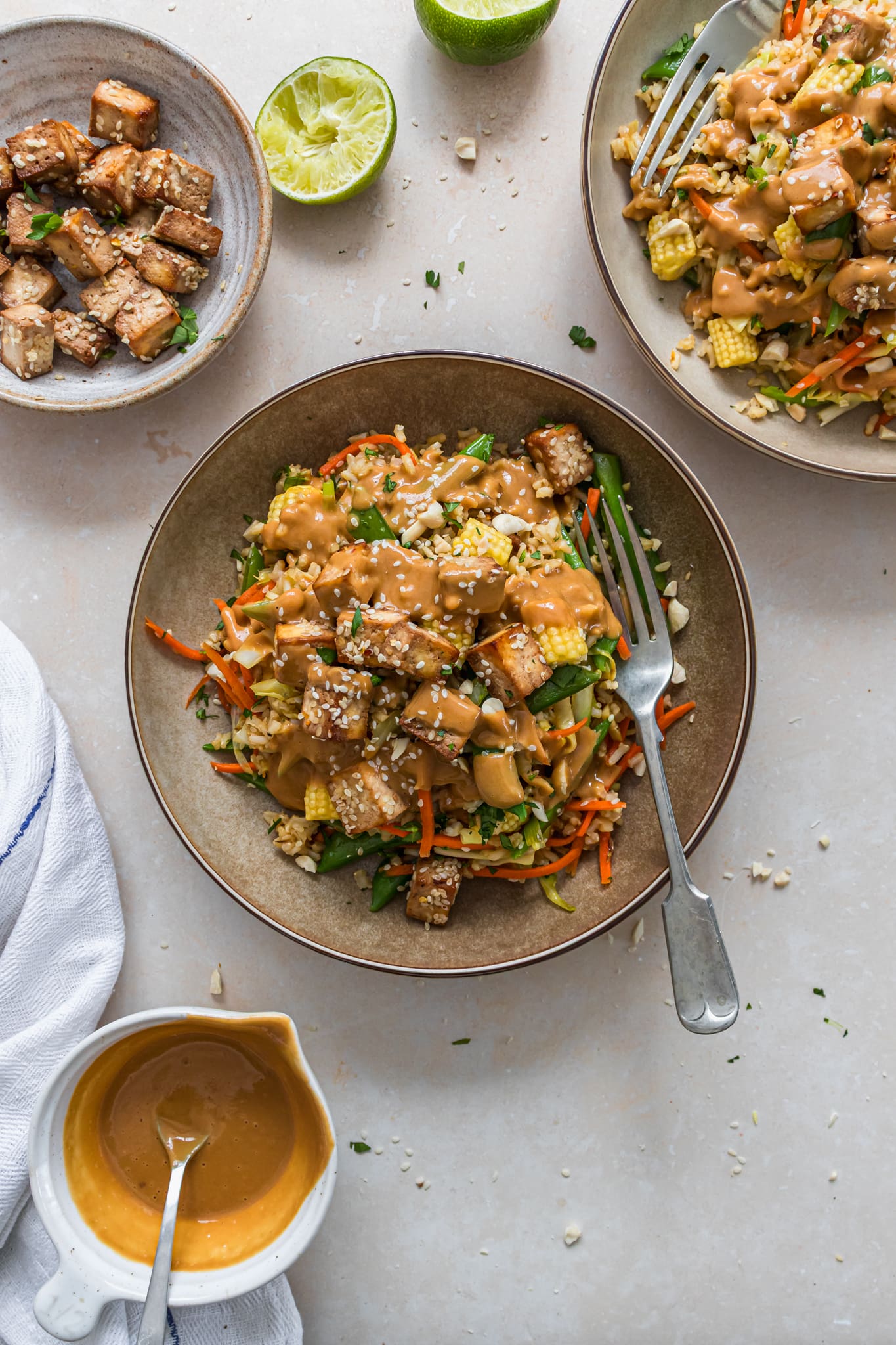 Bowls of Veggie Fried Rice with Glazed Tofu and Peanut Satay