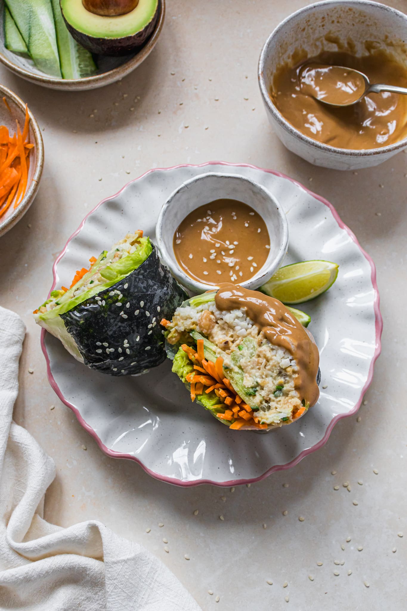 Chickpea Tuna Sushi Rolls with peanut satay sauce