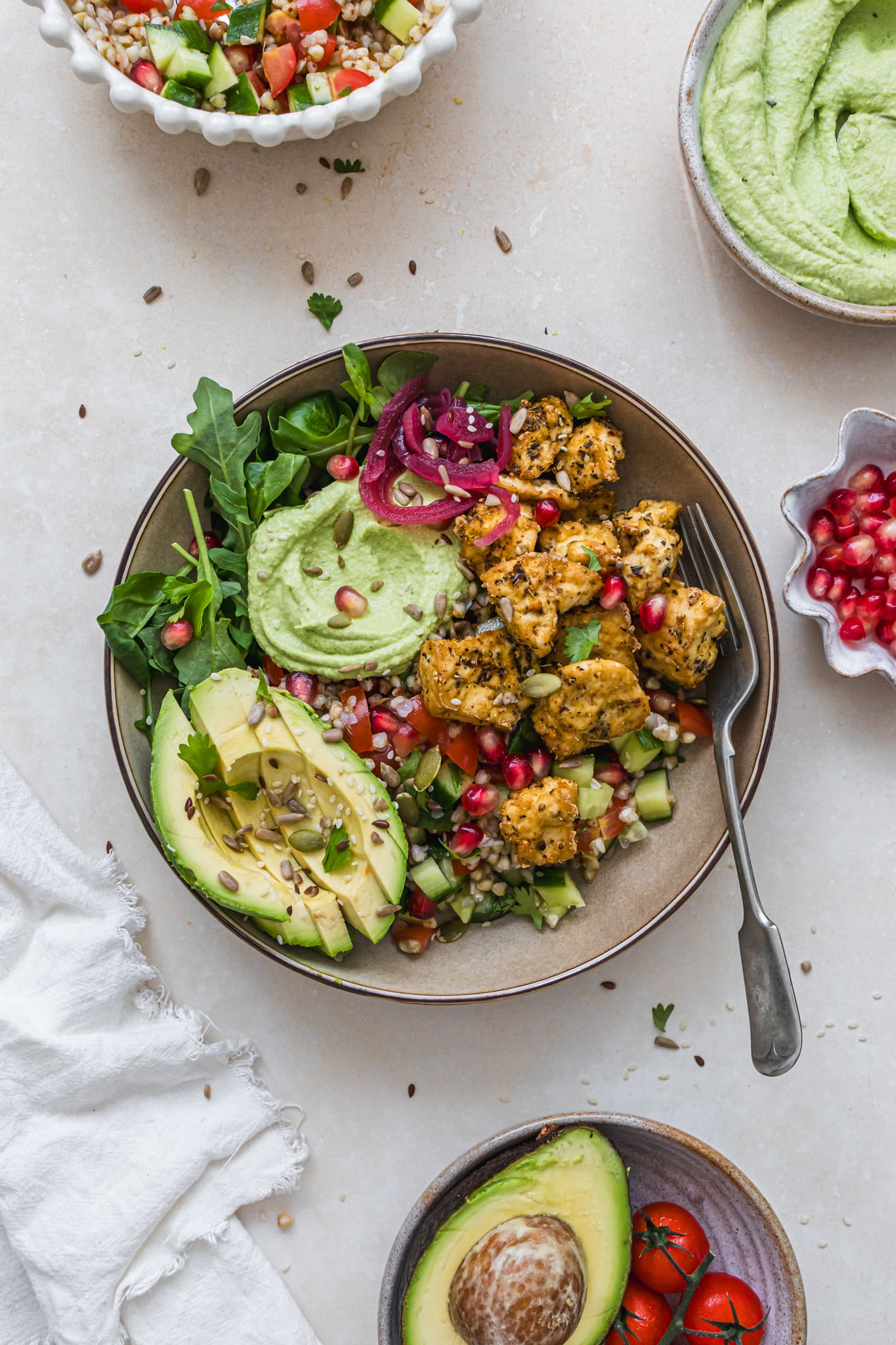 A Edamame Hummus and Lemon Tofu Buckwheat Bowl