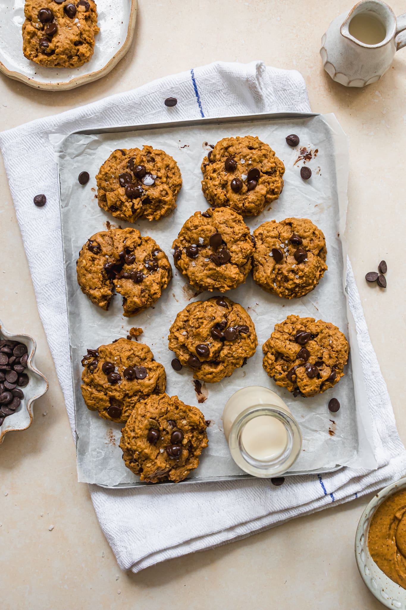 A tray of Peanut Butter Oat Chocolate Chip Cookies