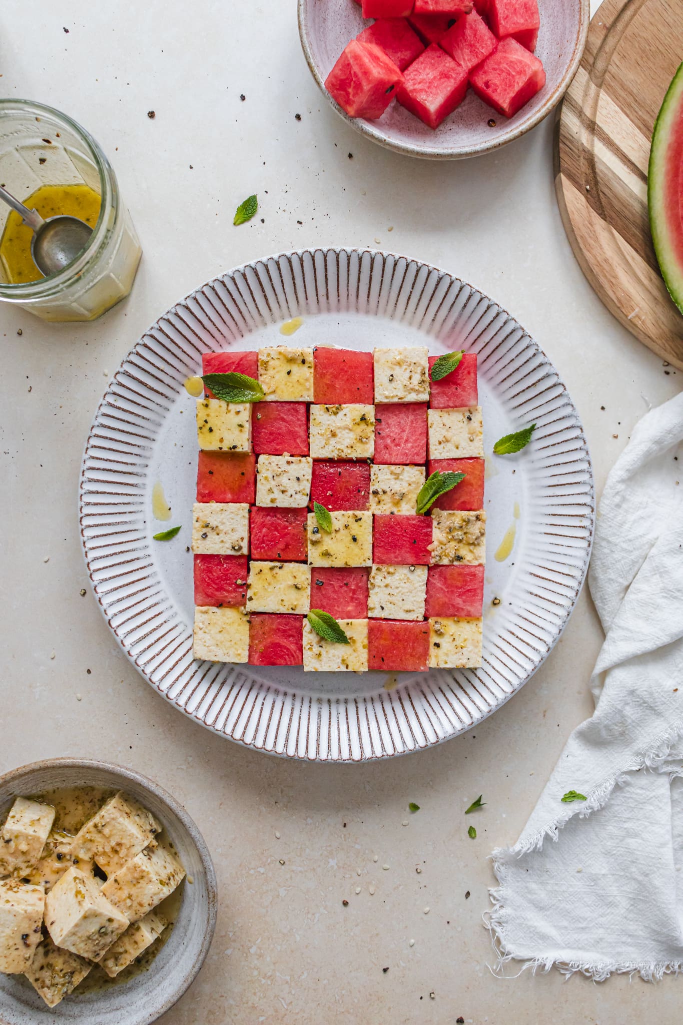 A plate of Watermelon and Tofu Feta Cube Salad