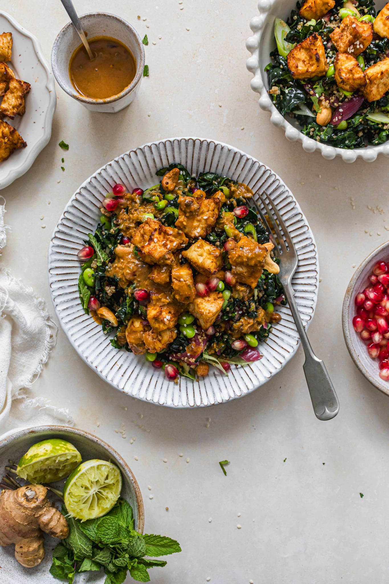 A Cashew Kale Quinoa Bowl with Crispy Tofu