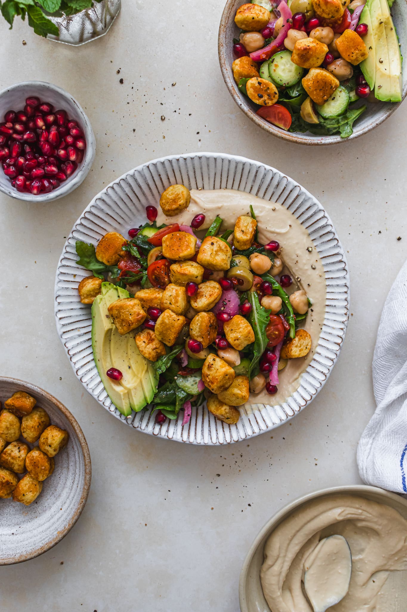 A bowl of Mediterranean Crispy Gnocchi Pasta Salad with Creamy Hummus