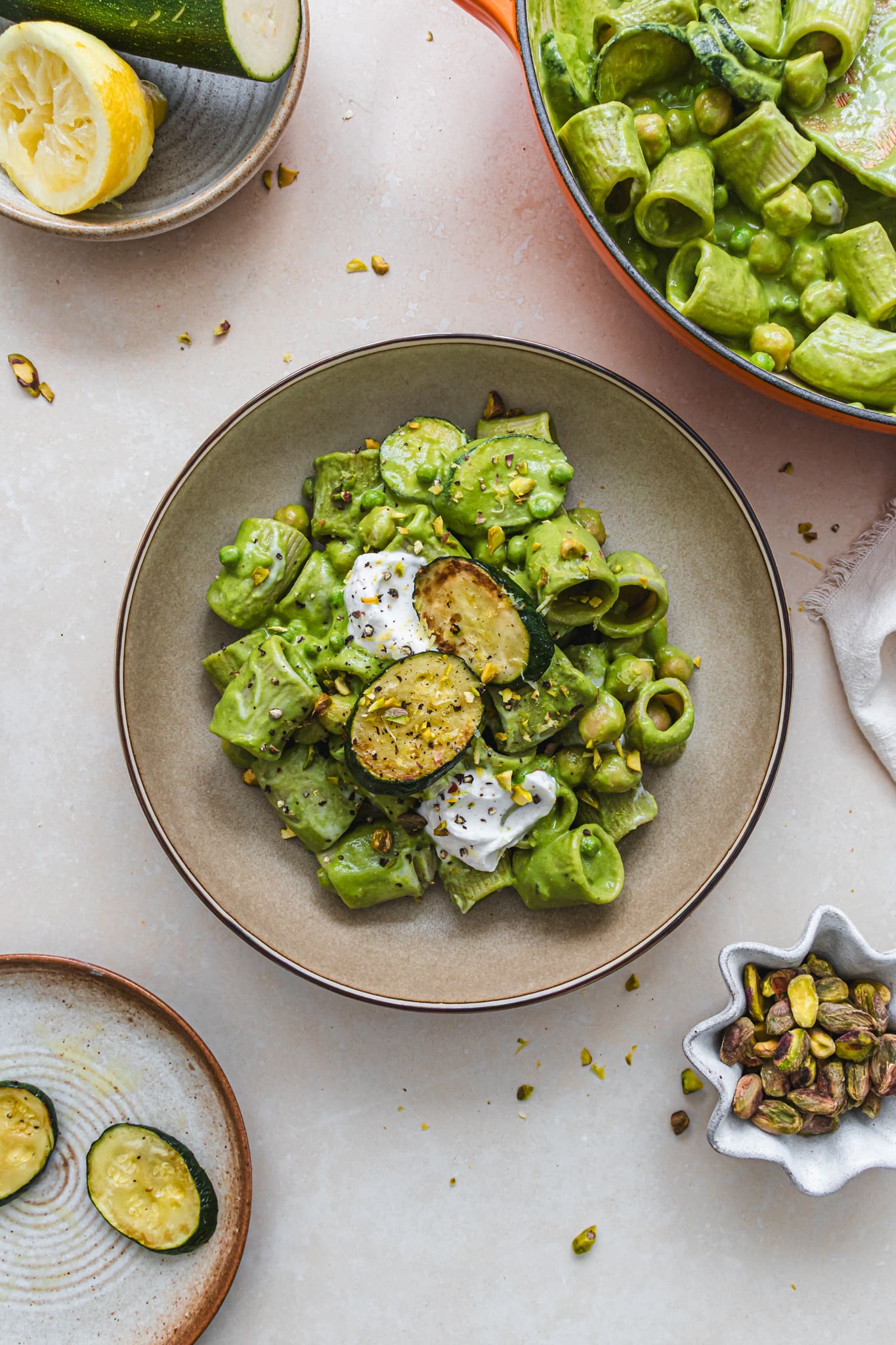 A bowl of Courgette and Chickpea Pasta with Creamy Herby Sauce