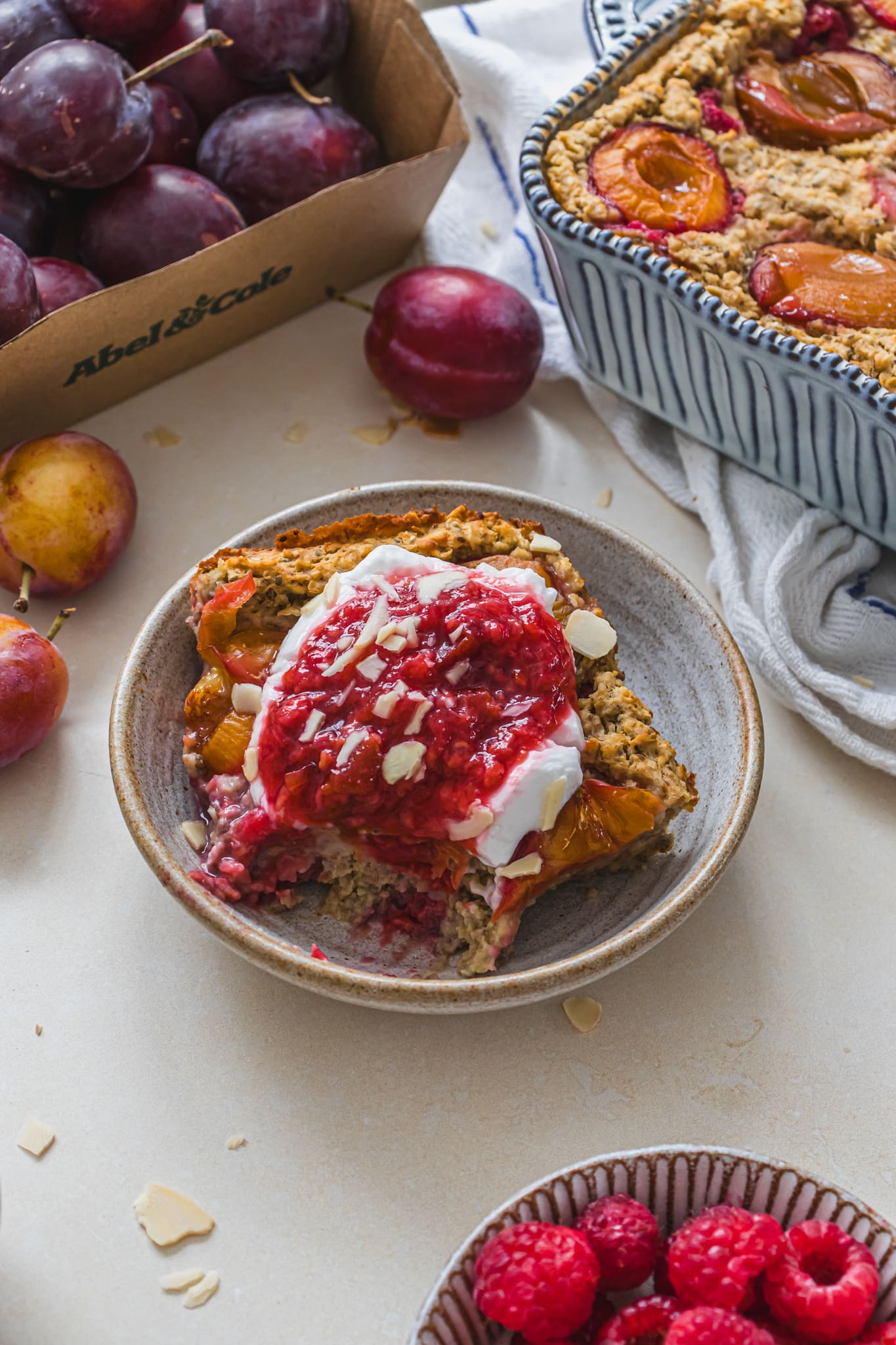 A piece of Raspberry and Plum Baked Oats