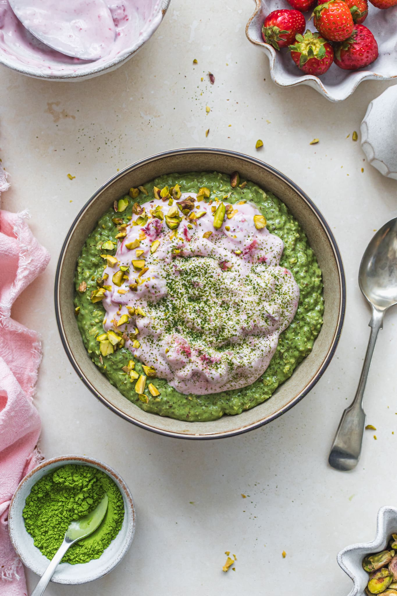A bowl of Strawberry Matcha Quick Soak Overnight Oats