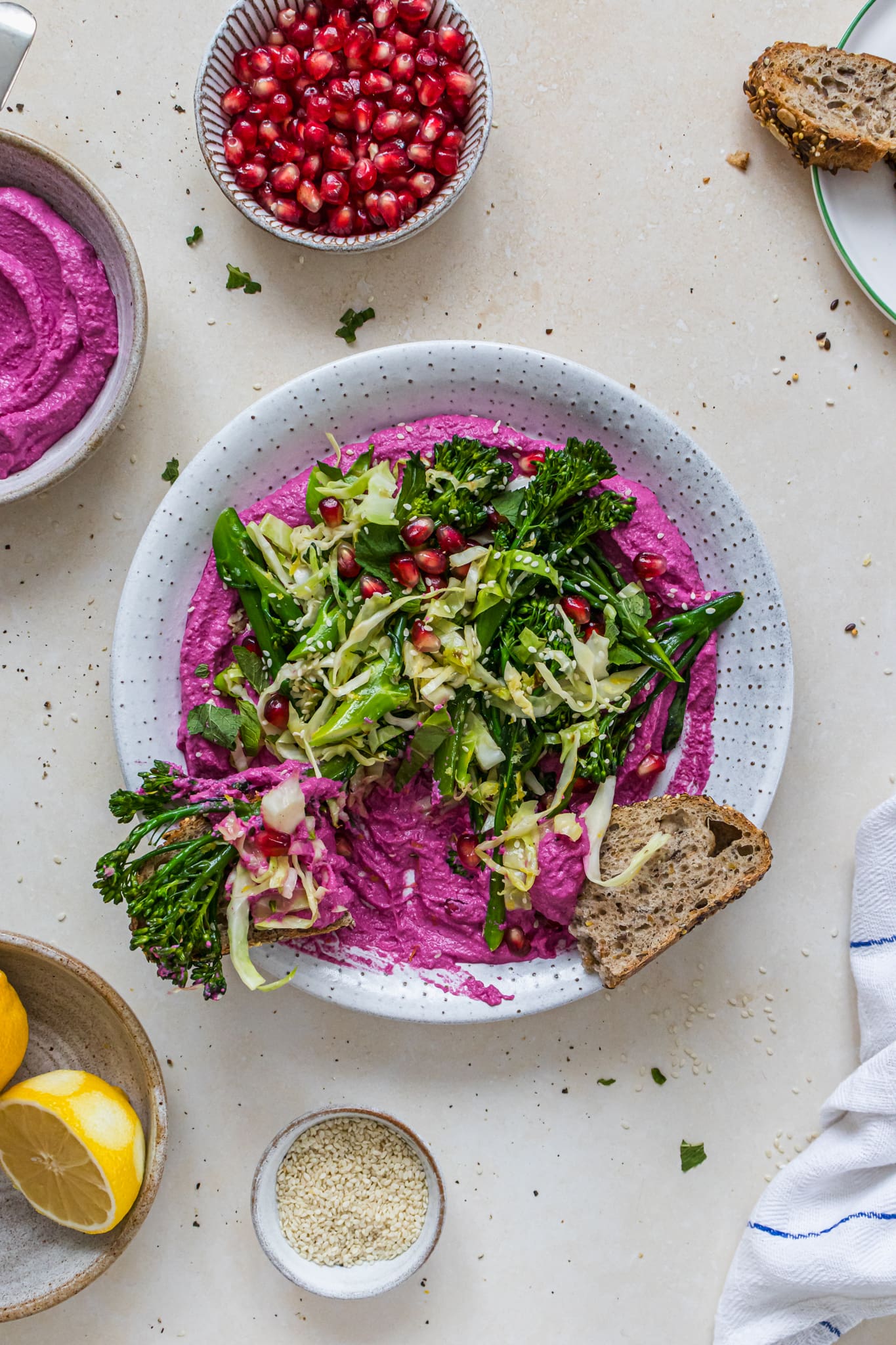 A plate of Beetroot Tofu Cream Cheese with Broccolini