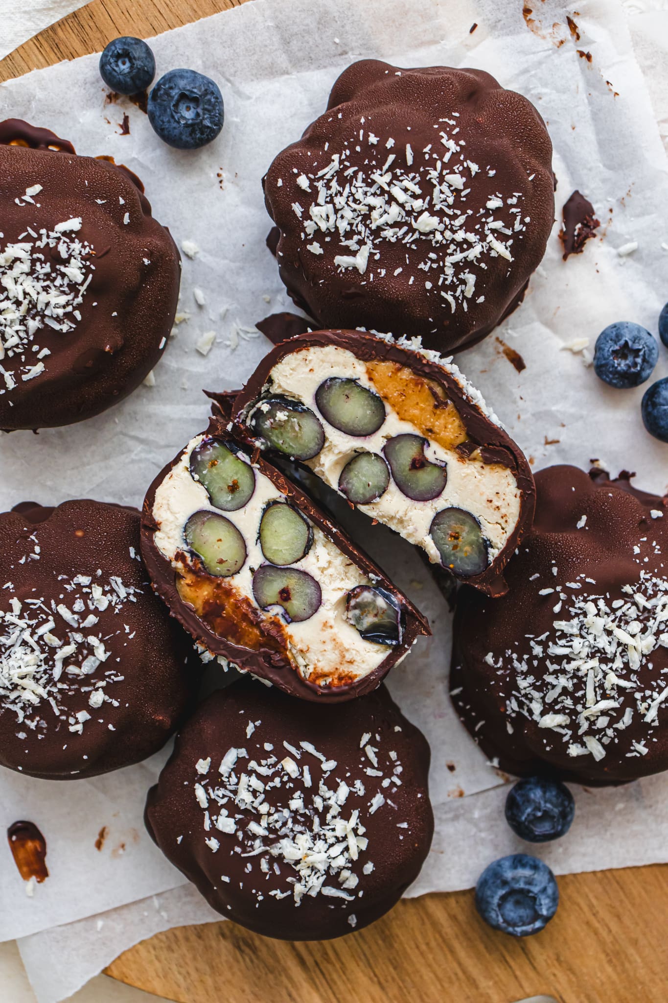 Close up of Vanilla Blueberry Caramel FroYo Bites